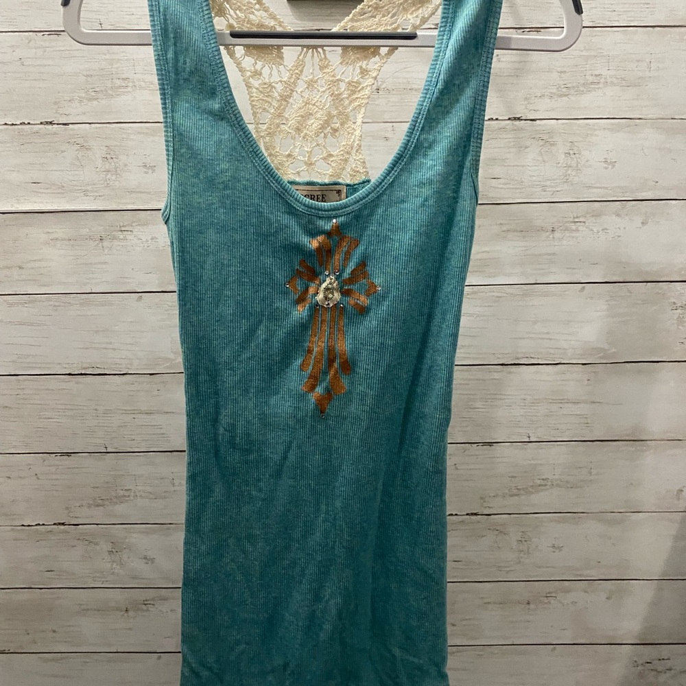 Turquoise Boutique Racerback Tank Top with Lace Back and Cross‎ Design